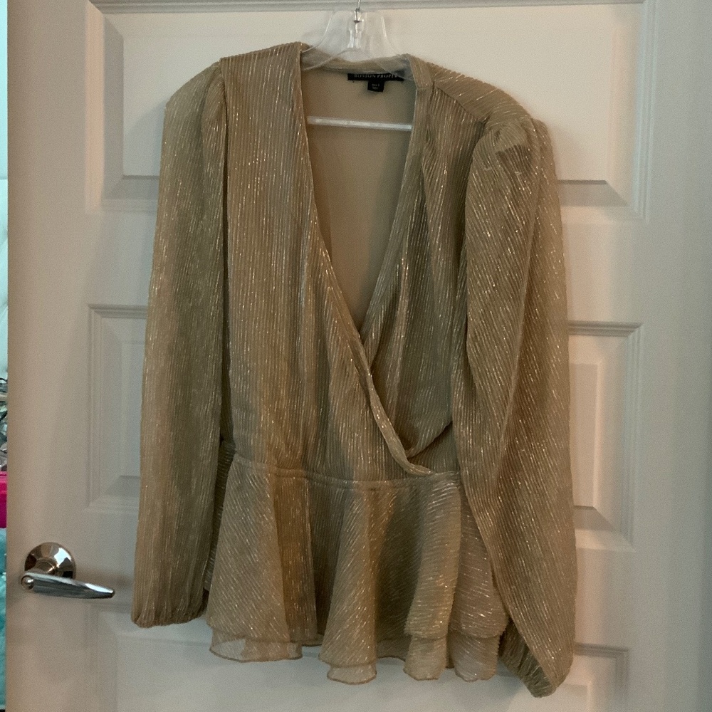 Shear Champagne  Metallic V Neck Blouse Boston Proper